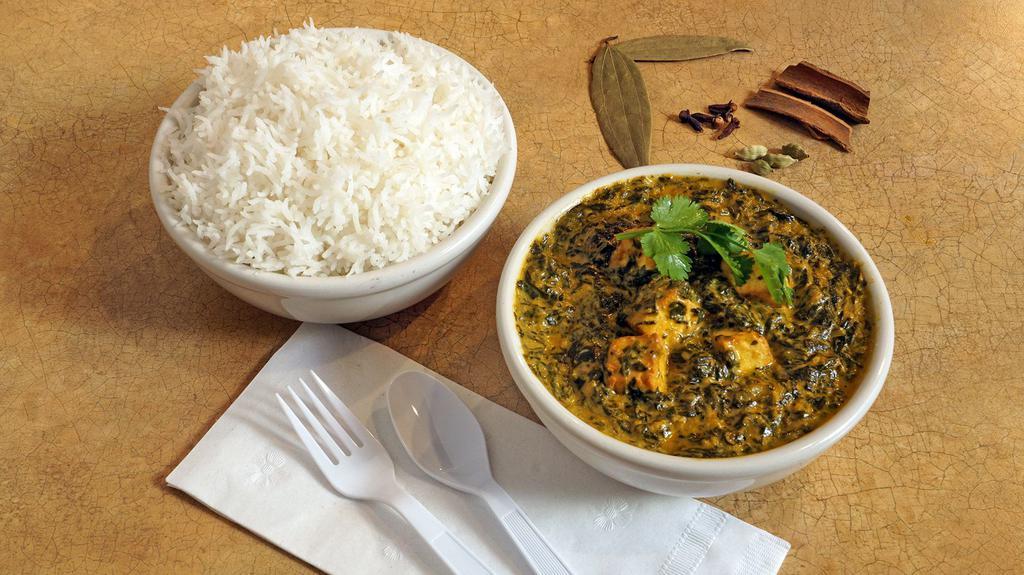 Saag Paneer · Spinach and cheese cubes cooked with herbs and spices.