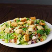 Chopped Salad · Romaine lettuce, pasta, chicken, bacon, Gorgonzola, red onion and chopped tomatoes. Your cho...