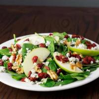 Spinach Gorgonzola Salad · Spinach, Gorgonzola, walnuts, apples and cranberries. Your choice of dressing is available.