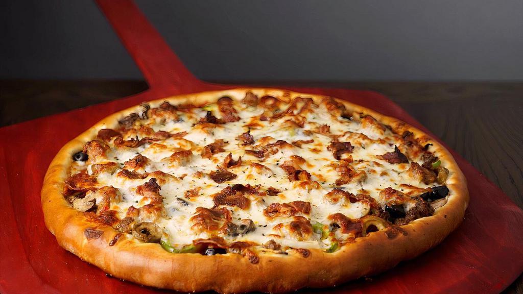 Rosati'S Monster · Sausage, pepperoni, ground beef, bacon, mushroom, onion, green pepper, black and green olives. Your choice of size is available.