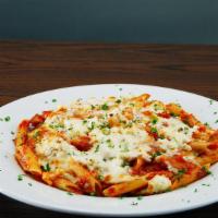 Mostaccioli Alforno · Baked penne noodles, ricotta, mozzarella and marinara sauce. Served with garlic bread and gr...