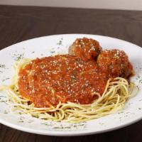 Spaghetti And Meatballs · Spaghetti, marinara sauce, parsley and homemade meatballs. Served with garlic bread and grat...