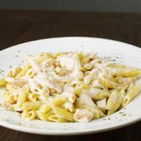 Penne Alla Rosati · Penne noodles, parmesan, diced chicken and Alfredo sauce. Served with garlic bread and grate...