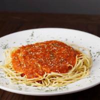 Spaghetti · Pasta and marinara sauce. Served with garlic bread and grated cheese.