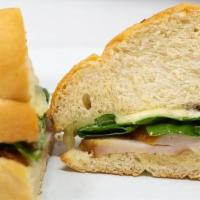 Turkey Club · Smoked Turkey + Pepper Encrusted Bacon + Provolone Cheese + Spinach + Mayo