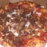 Meat Lovers Pizza · Cheese, pepperoni, ham, bacon, Italian sausage, and ground beef.