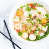 Seafood Noodle Soup · Hủ tiếu độ biến. Clear noodles with seafood in a pork bone based soup.