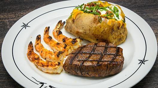 Ld Gulf Coast Steak & Shrimp · 6 oz center-cut top sirloin with grilled or fried shrimp. Include choice of fried shrimp or grilled shrimp. Include only french fries, mashed potatoes, or green beans.