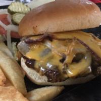 J'S Burger · Two strips of maple smoked bacon, grilled onions, American cheese and Squealers smokey sweet...