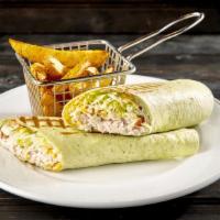 Tuna Rollup · Longfin tuna, mayo, celery, lettuce, tomatoes, jack and cheddar cheese, wrapped in spinach t...