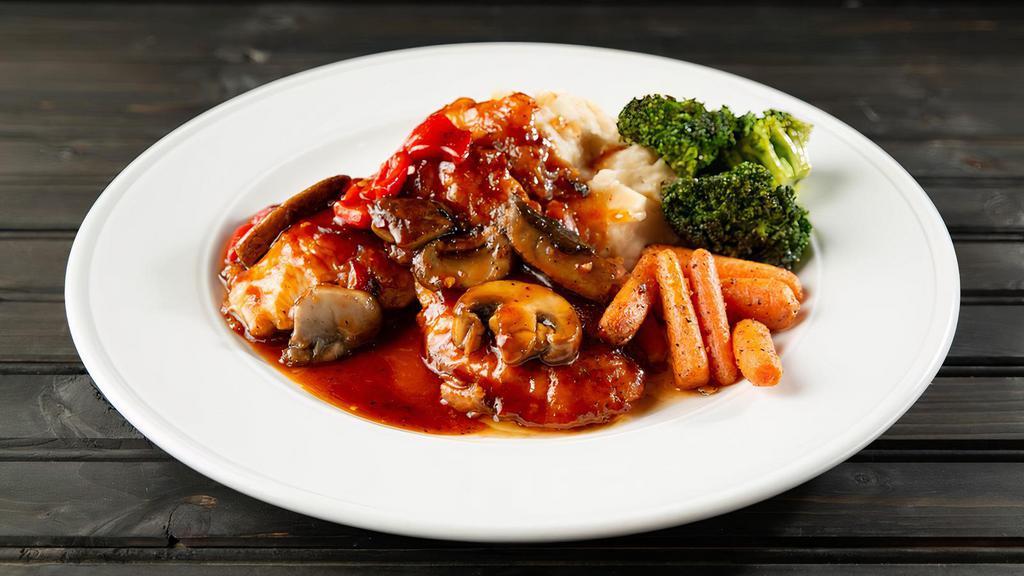 Firecracker Chicken · Sautéed chicken breast, roasted red peppers and mushrooms, tossed in our sweet and spicy firecracker sauce. Served with mashed potatoes and sautéed vegetables. Add breast chicken for an additional charge.