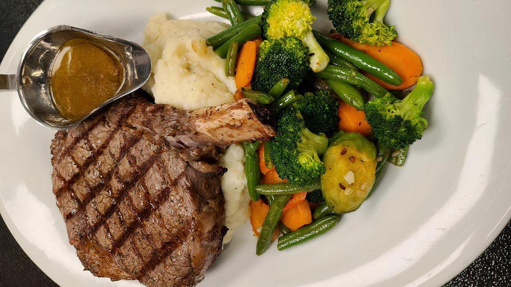 12 Oz. Prime Ribeye Steak · Creekstone Farms Ribeye Steak grilled to your choice of temperature, served mashed potatoes, and the chefs sautéed vegetables.