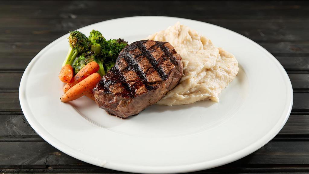 Creekstone Filet Mignon · Creekstone Farms 8oz USDA Prime grade filet mignon certified halal steaks are aged to perfection and hand-cut from the heart of the tenderloin. Charbroiled and served with zip sauce, mashed potatoes, and chef’s sautéed vegetables.