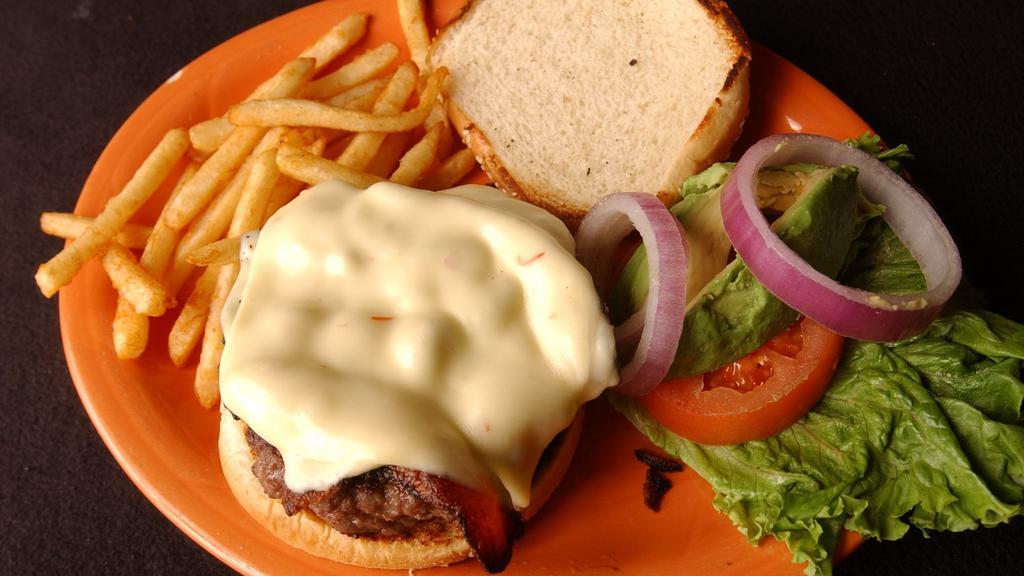 Mexi Burger · A half-pound, premium grilled burger topped with jalapeño bacon, pepper jack cheese, avocado, onion, tomato, and lettuce. Served with fries. 

Consuming raw or undercooked meats, poultry, seafood, shellfish or eggs may increase your risk of foodborne illness.