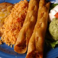 Lunch Flauta · One large corn tortilla rolled with fajita chicken, cheese and sour cream sauce. Fried to a ...