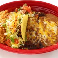 San Lucas · One beef enchilada with chili con carne and one crispy beef taco.