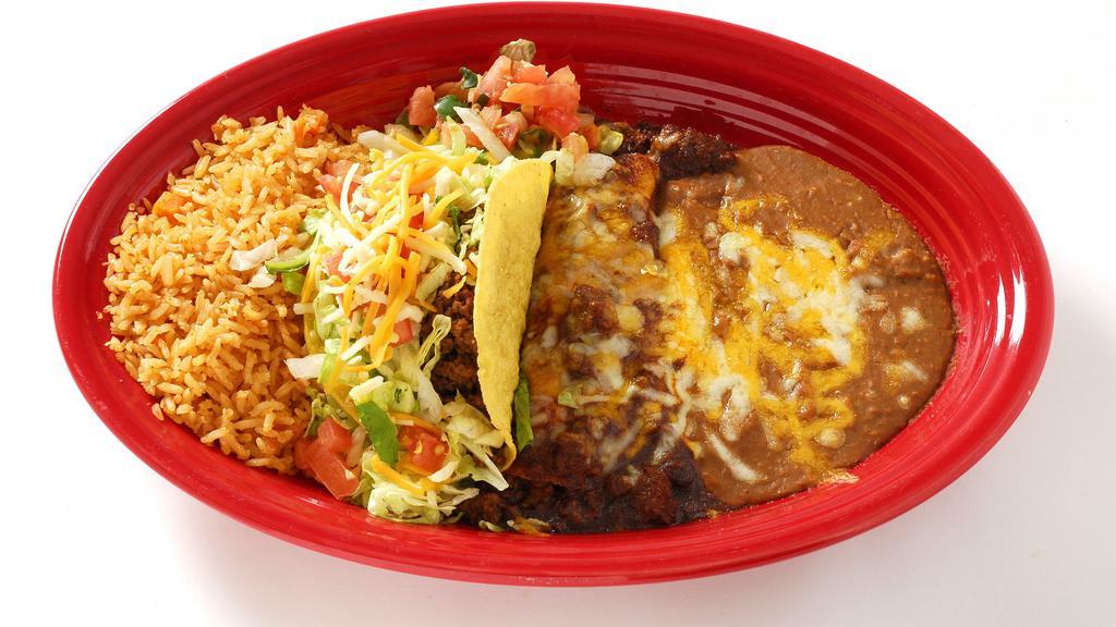 San Lucas · One beef enchilada with chili con carne and one crispy beef taco.
