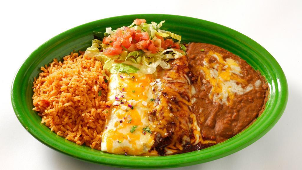 Enchiladas Especial · Choose two seasoned ground beef, ranchero chicken or creamy spinach artichoke enchiladas smothered with a delicious sauce.