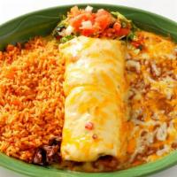 Cheeseburger Burrito · A fresh flour tortilla filled with seasoned ground beef and shredded cheese. Topped with you...