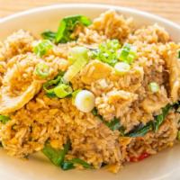 Kow Pad Bai Kra Prow · Fried rice with choice of chicken, beef or pork, chinese greens, onion, bell pepper, sweet b...