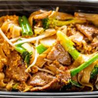 Pad Kee Mao (Drunken Noodle) · Stir fried rice noodle with choice of chicken, beef or pork, onion, bell pepper, broccoli, b...