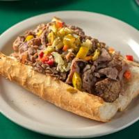 Italian Beef & Sausage Combo · Served on freshly baked Italian bread with your choice of hot or sweet peppers and marinara ...