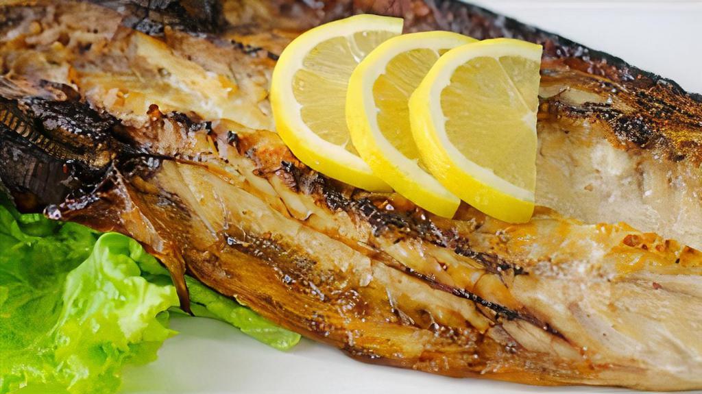 Chub Mackerel · Whole bone-in sliver belly chub mackerel salted and seared on the grill.