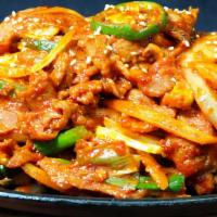 Jeyuk Bokkeum · Tender marinated pork, onions, scallions, mushrooms and jalapenos stir fried in a spicy goch...