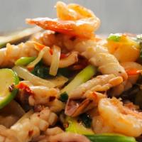 Seafood Bokkeum · Jumbo shrimp, scallops, mussels, calamari, octopus, zucchini, carrots, onions, scallions, mu...