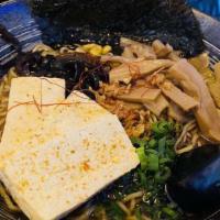 Veggies Ramen · Grilled tofu, bean sprout, nori (seaweed sheet), wood ear mushroom, green onion and bamboo s...