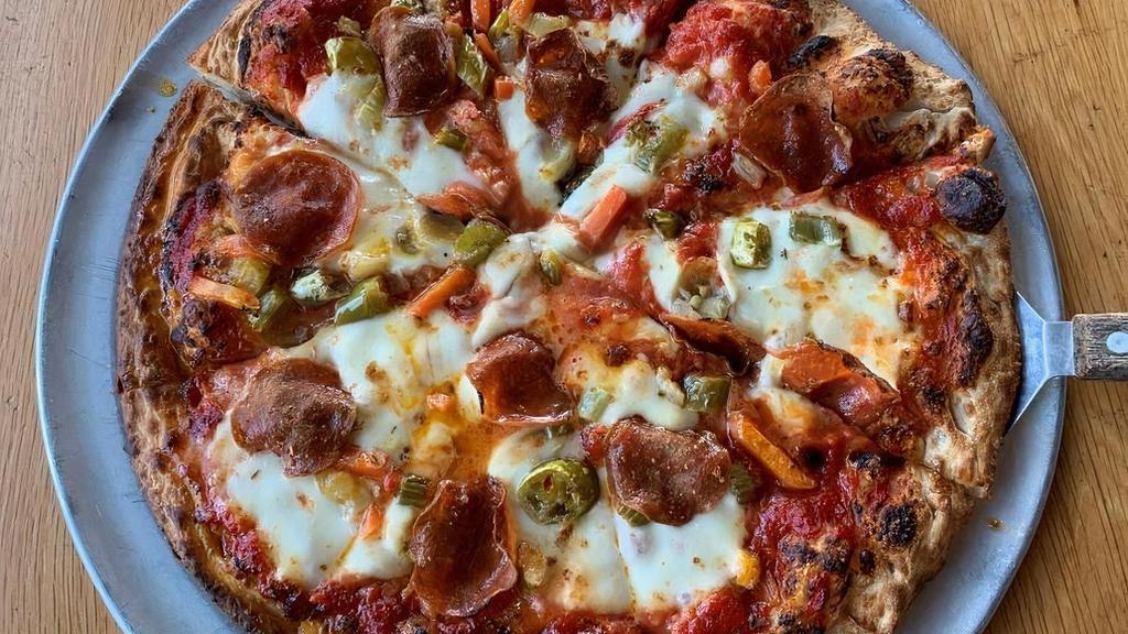 Chicagoland Pizza · Tomato sauce, fresh mozzarella, giardiniera, pepperoni.
