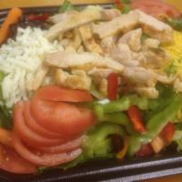 Grilled Chicken Breast Salad · Grilled chicken strips on garden salad.