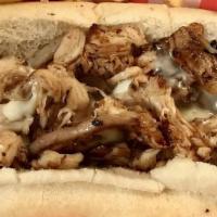 Chicken Philly Cheesesteak · Chicken, Green Peppers, Onions, Mushrooms, Swiss Cheese & Mayonnaise.