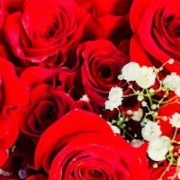 With All My Heart  · 24 Long stem Red Roses  hugged with baby's breathe  in a beautiful  vase. Free Box of Chocol...