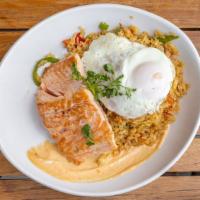 Salmon Rice Bowl(Delivery) · Soy-ginger glazed salmon, bell pepper, carrot,. green onion, fried egg, cilantro and srirach...