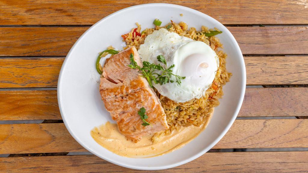 Salmon Rice Bowl(Delivery) · Soy-ginger glazed salmon, bell pepper, carrot,. green onion, fried egg, cilantro and sriracha mayo.. Tossed with jasmine rice