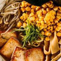 Vegan Ramen · Light vegetable broth, topped with grilled tofu. Moyashi, menma, negi, corn, and nori.