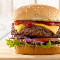 Double Cheeseburger · Chard beef  Topped with American cheese, lettuce, tomatoes, onion, mayonnise and pickle. Ser...