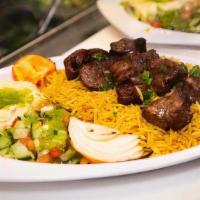 Beef Shish Kabob Plate · Two skewer of tender and juicy cubes of ribeye skewered and grilled. (the plate comes with r...