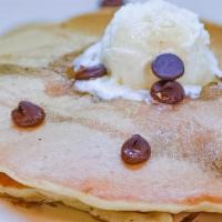 Chocolate Chip · Two Buttermilk Chocolate Chip Pancakes Topped with Mascarpone Butter