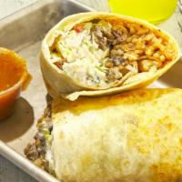 Chorizo / Mexican Sausage Burrito · Flour tortilla (10 inches) 
Rice, beans, mexican sausage. shredded cheese, lettuce, pico de ...
