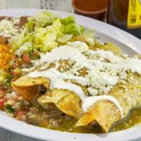 3 Pieces Enchiladas · Our enchiladas are topped with red or green sauce, your choice of meat, sour cream and queso...