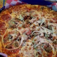 Spaceship Supreme Pizza · Our homemade crust, topped with pepperoni, Italian sausage, onions, mushrooms, banana pepper...