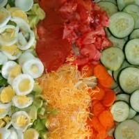 Garden Salad · Lettuce, tomatoes, cucumber, cheese and egg.