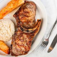 2 Piece Broiled Pork Chops · Served with rice, potatoes and soup.