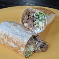 Gordo Ultimate Burrito · Half lb of steak, easy beans, cheese, onions, cilantro and sour cream