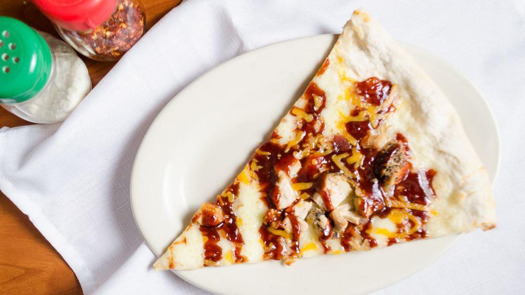 Barbecue Chicken · Sweet baby ray's bbq sauce, roasted chicken, Cheddar, Mozzarella.