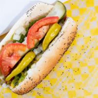 Jumbo Chicago Style · Jumbo All Beef Dog with Mustard, Relish, Onions, Tomatoes, Pickle and Sport Peppers