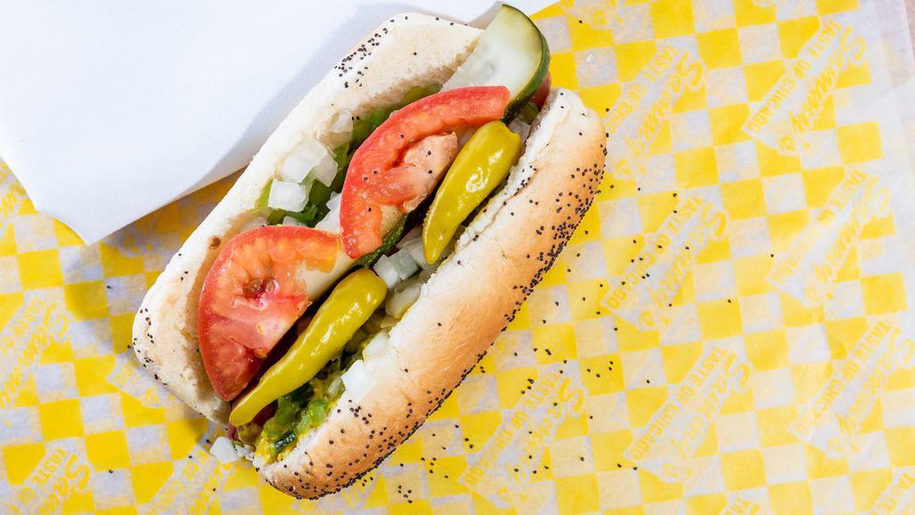 Jumbo Chicago Style · Jumbo All Beef Dog with Mustard, Relish, Onions, Tomatoes, Pickle and Sport Peppers