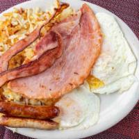 Plato'S Special Breakfast · 3 extra-large eggs, 2 bacon, 2 sausages or 1 turkey sausage patty, 1 slice of ham with hash ...
